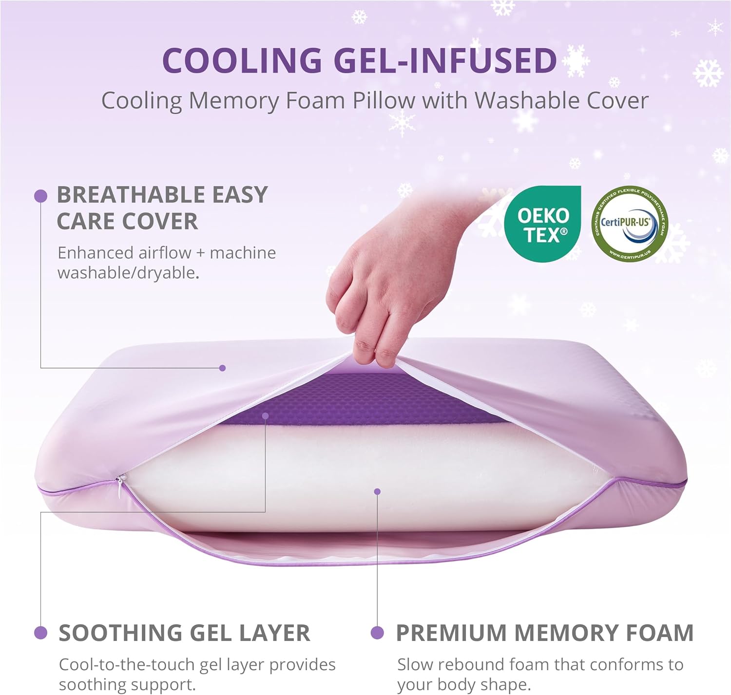 Purple Cooling Pillow - Gel Memory Foam with Reversible Cover for Neck Support | Machine Washable