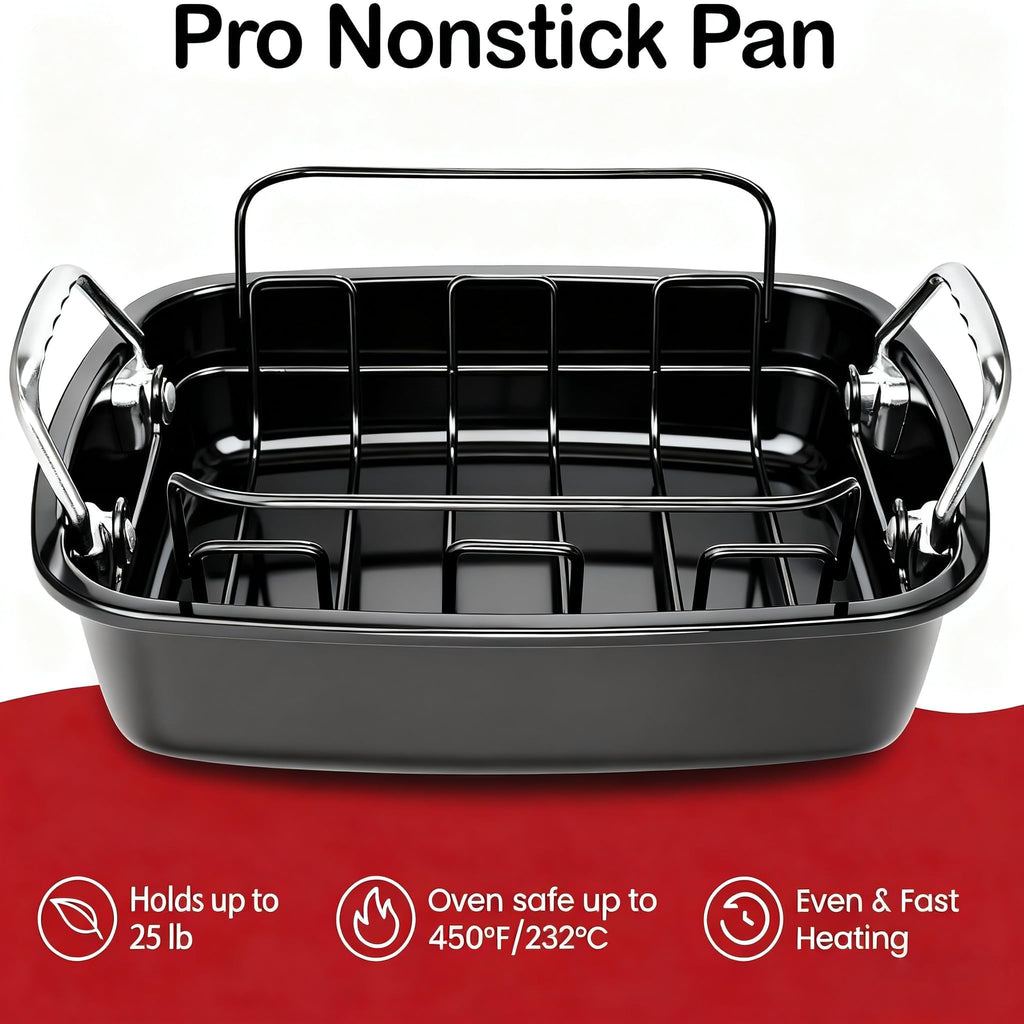 Large Nonstick Roasting Pan with Rack (17x13 Inch) -Turkey Roasting Pan with Wider Handles, Heavy Duty Construction Roaster - Easy Clean for Oven
