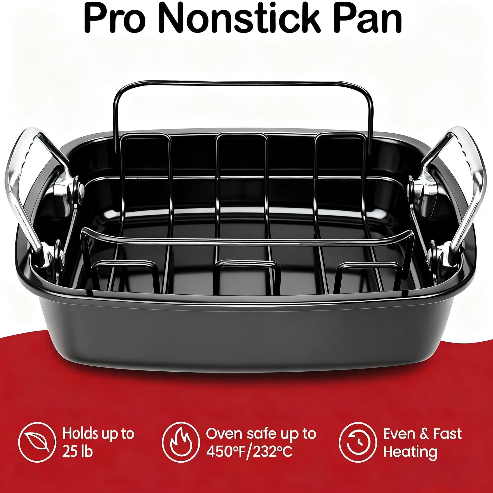 Large Nonstick Roasting Pan with Rack (17x13 Inch) -Turkey Roasting Pan with Wider Handles, Heavy Duty Construction Roaster - Easy Clean for Oven