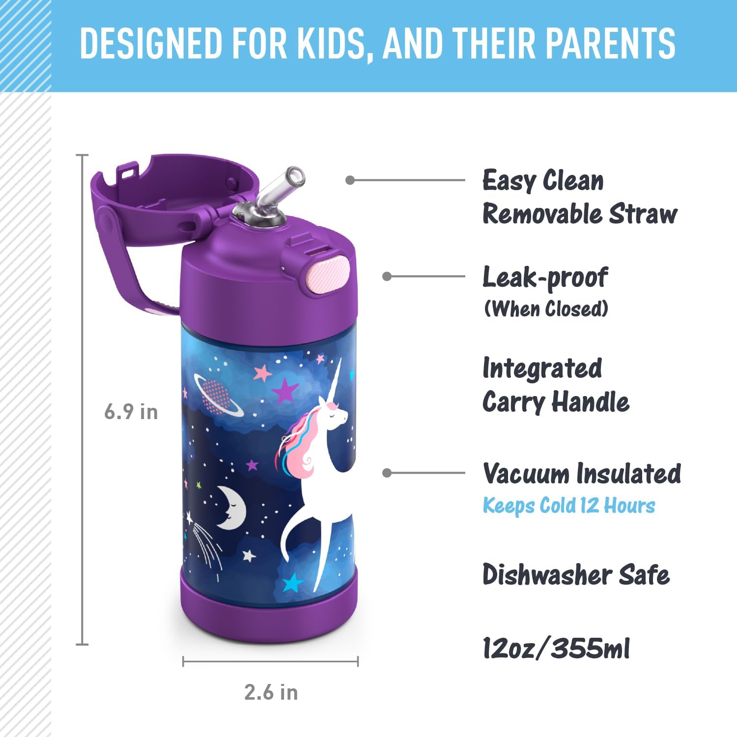 THERMOS FUNTAINER Water Bottle - 12 Ounce Stainless Steel Vacuum Insulated with Straw | Space Unicorn Design