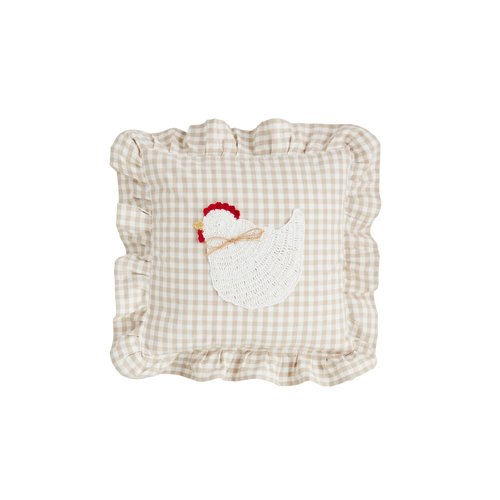 Mud Pie Gingham Crochet Chicken Pillow; 21" X 21"