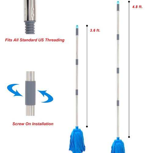 EaseYourDay Screw On Microfiber String Mop, One Stainless Steel Pole + Two Blue Microfiber Cloth Mop Heads
