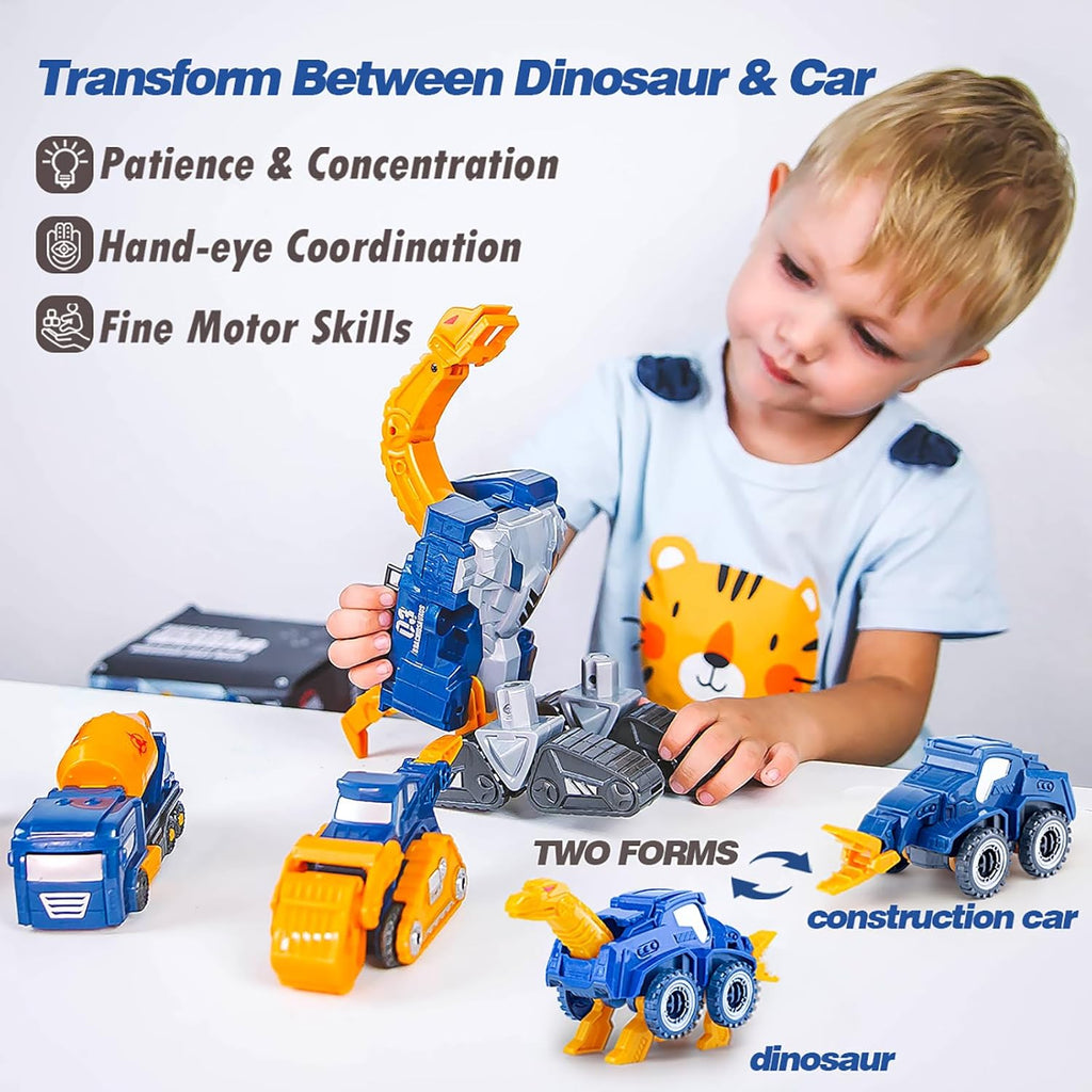 Skiennix Toddler Construction Car Transform Set - 5-Piece Dinosaur Rescue Robot with Magnetic Connectors | DIY STEM Building Trucks for Kids Ages 3-7