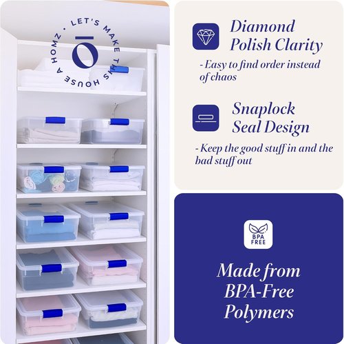 HOMZ 12-Pack Clear Plastic Storage Organizer Bins - 15.5 Quart Stackable Containers for Home & Office