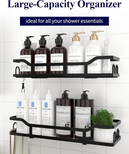 Kitsure Shower Caddy - No-Drill Organizer with 8 Hooks | Rustproof Stainless Steel, Black - 2 Pack