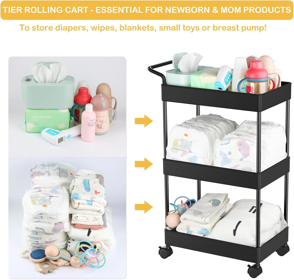 Volnamal Diaper Caddy - Versatile Plastic Organizer for Nursery Essentials | Movable Cart in Black
