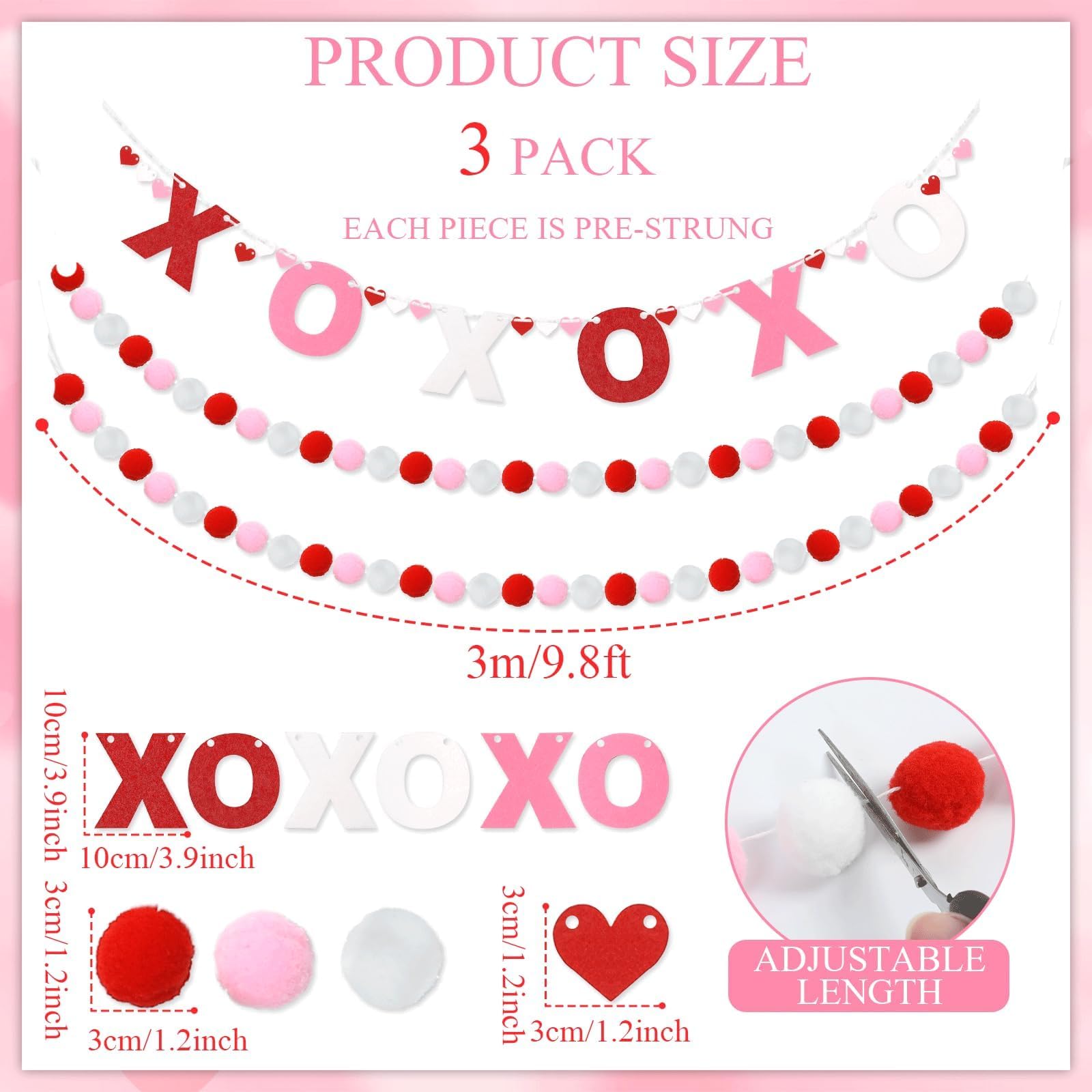 QOUBAI 3pcs Valentine's Day Garland Felt Ball Garland 10ft Pompom Garland Valentine Decorations XOXO Felt Ball Banner for Mantle Fireplace Room Valentine's Day Anniversary Engagement Party Supplies