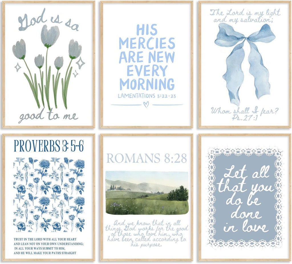 Skiennix Set of 6 Trendy Blue Christian Canvas Wall Art - Inspirational Bible Verses for Girls' Room