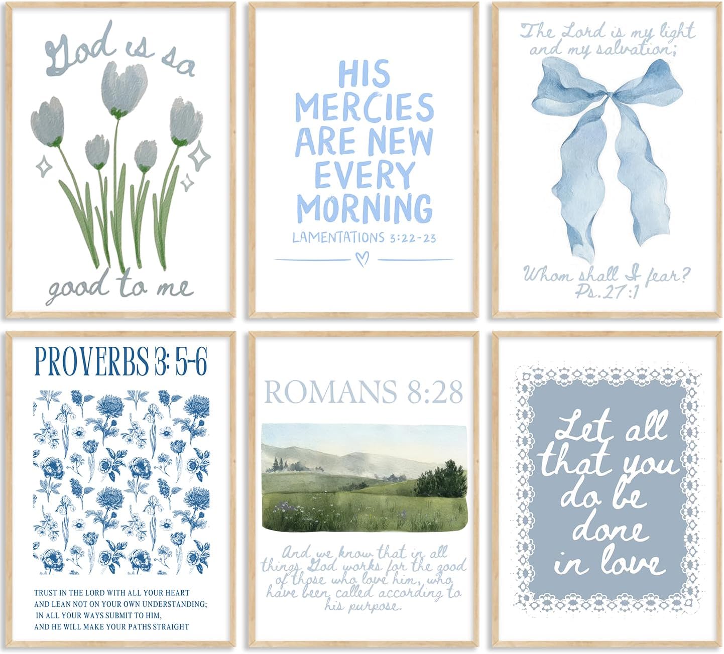Skiennix Set of 6 Trendy Blue Christian Canvas Wall Art - Inspirational Bible Verses for Girls' Room