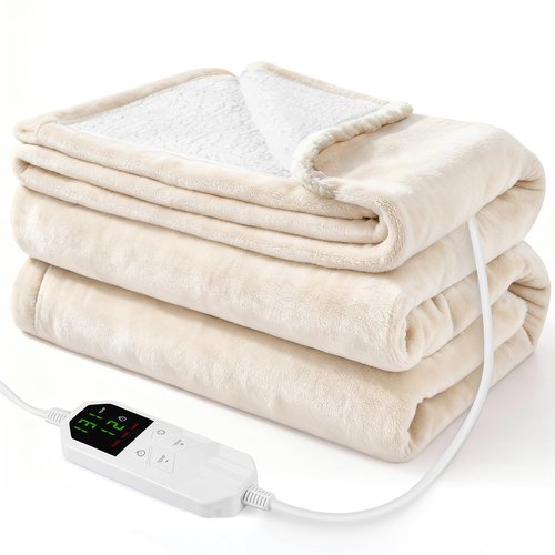 Electric Heated Throw Blanket 50" x 60", Soft Plush Flannel & Sherpa Electric Blanket with 8 Heat Settings, 1-12H Auto-Off, Fast & Even Heating, Machine Washable, Ideal for Home & Office, Beige