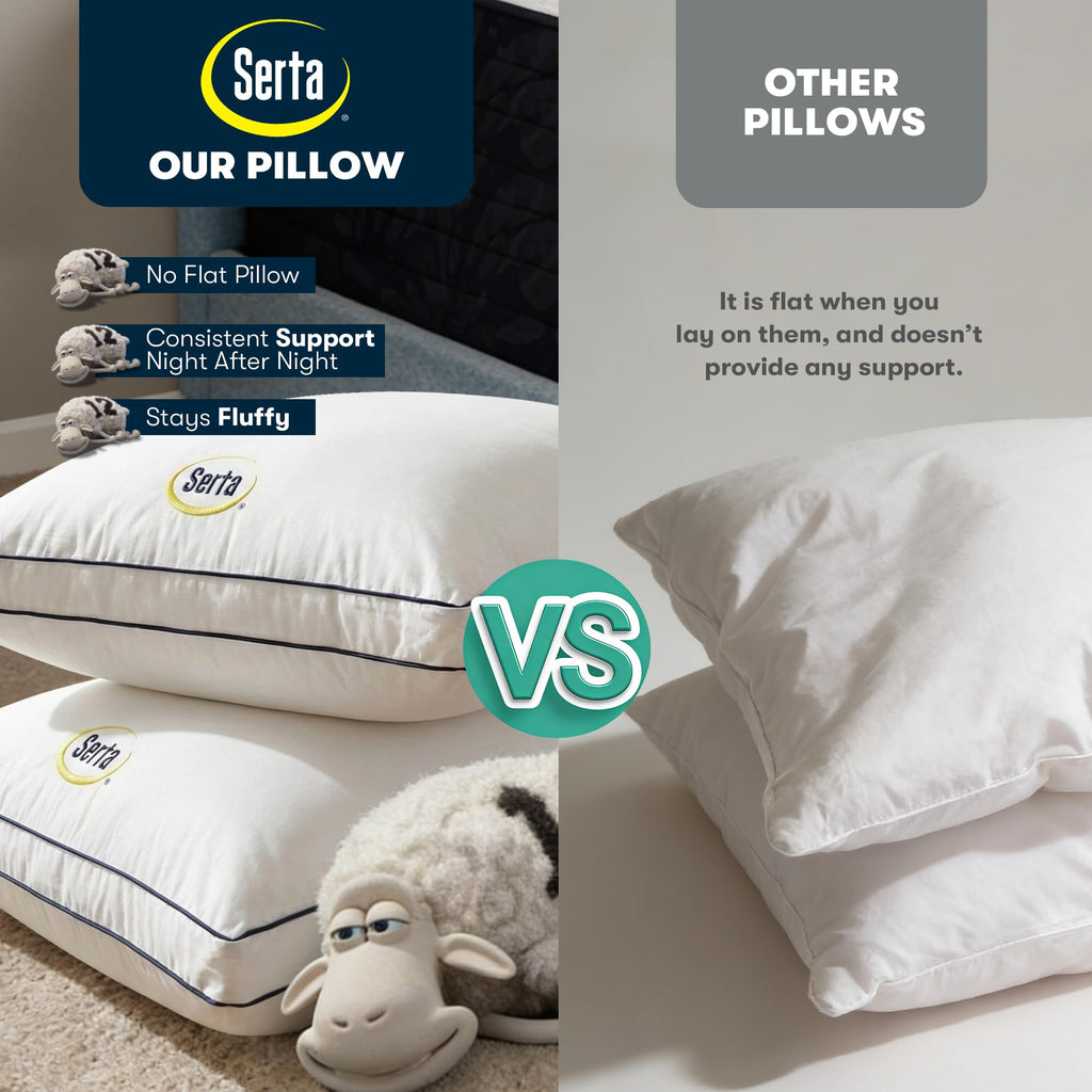 Serta Hotel Collection Bed Pillows Queen/Standard Size Set of 2, 400 Thread Count 100% Cotton Cover, Medium Firm, Support Gusseted Down Alternative Pillow for Back, Stomach or Side Sleepers, 18" x 26"