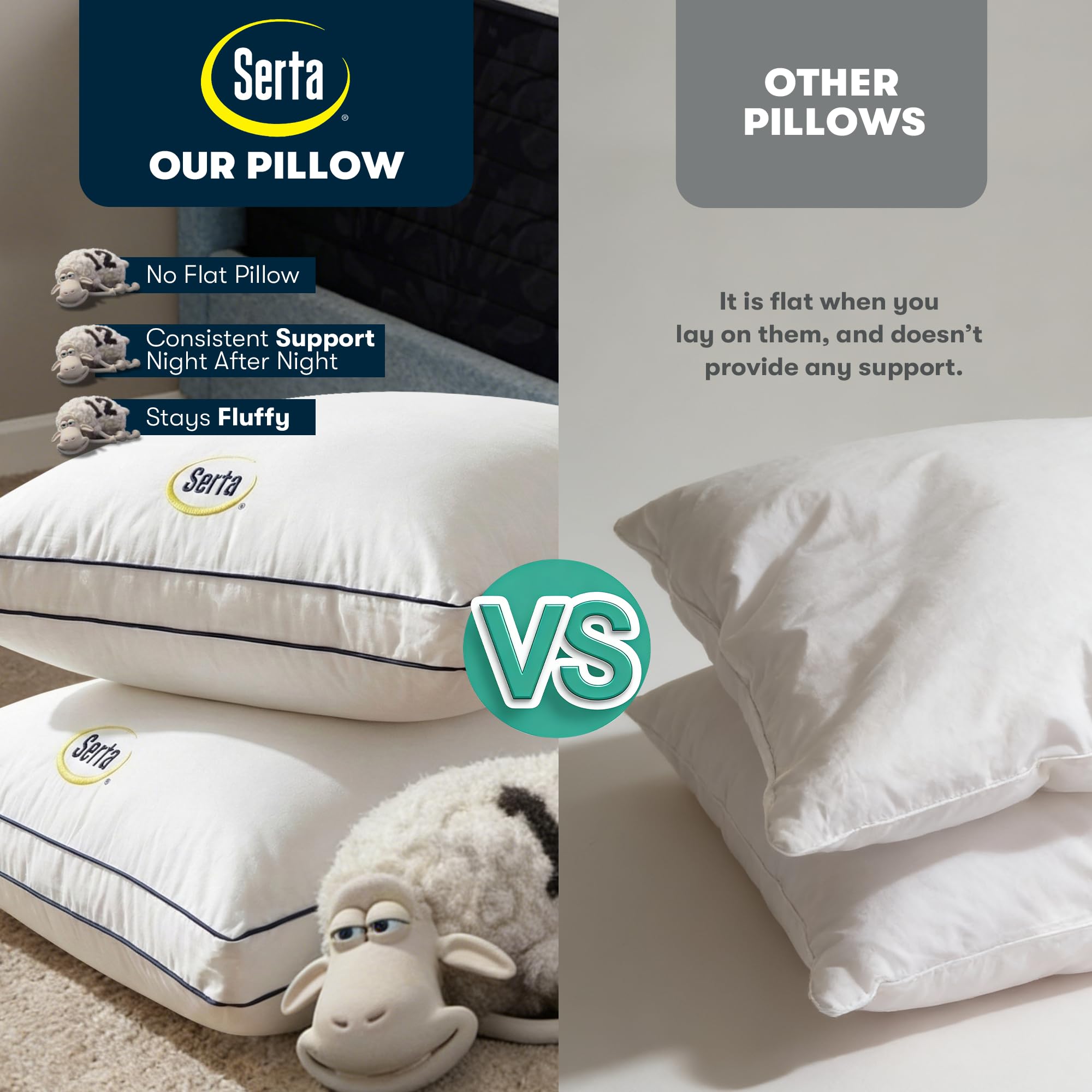Serta Hotel Collection Bed Pillows Queen/Standard Size Set of 2, 400 Thread Count 100% Cotton Cover, Medium Firm, Support Gusseted Down Alternative Pillow for Back, Stomach or Side Sleepers, 18" x 26"
