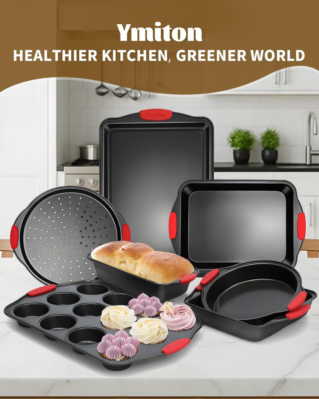 Skiennix Baking Pans Set - 34 PCS Nonstick Bakeware with Silicone Handles | Includes Cookie Sheet, Cake Pans, Muffin Pan & More