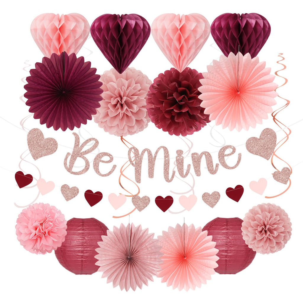 Pink Burgundy-Red Valentines-Day Galentines Party-Decorations - 22pcs Be Mine Love Banner,Wine Red Paper Lanterns Honeycomb Balls,Tissue Pom Poms Flowers Fans,Happy Anniversary Decor Hugmoon