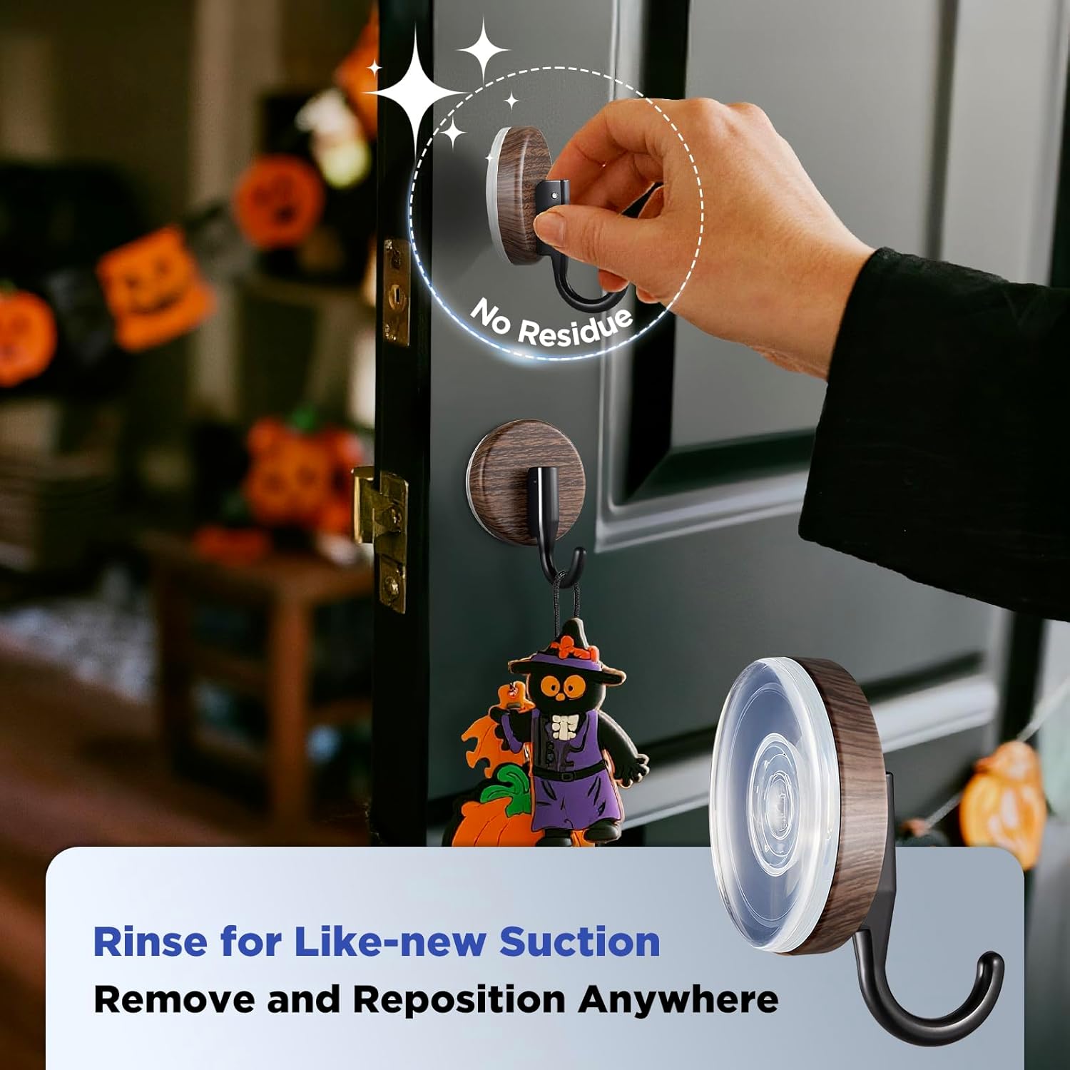 OUTXE Wreath Hanger - Upgraded Suction Cup Hook for Front Door & Glass Window | 4-Pack in Walnut