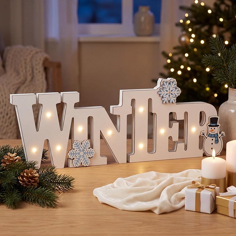 Wooden Winter Sign Lighted Tabletop Decor - White LED Centerpiece (White+Winter)