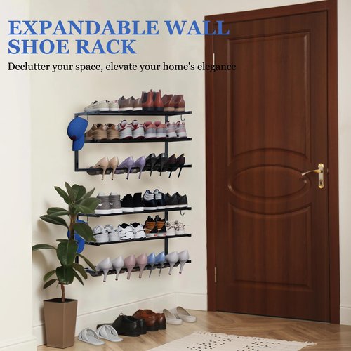 2 Pack Wall Mounted Shoe Rack, 3 Tier Hanging Shoe Rack Holds 24 Pairs, 17"-30"Adjustable Heavy Duty Shoe Organizer Holder with 4 Storage Hooks, Space Saving for Closet Entryway, Black, Patent Pending