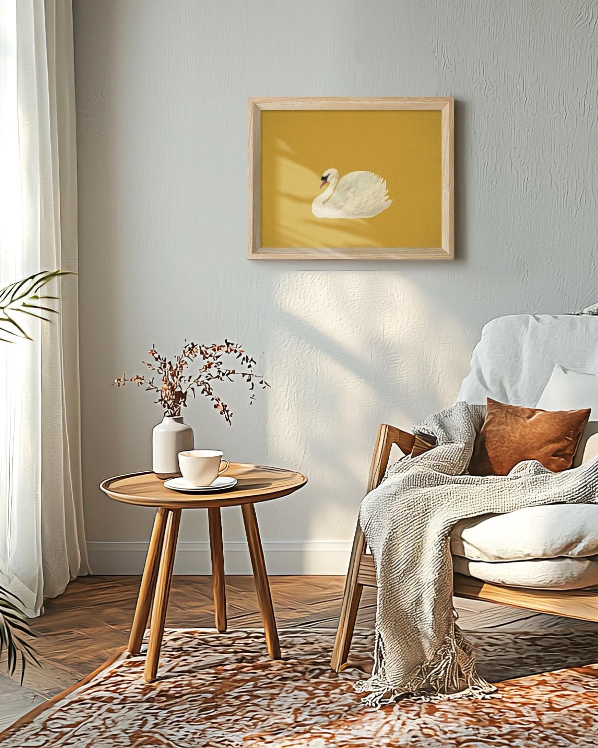 VIYYIEA Minimalist White Swan Wall Art - Modern Mustard Yellow Canvas Print, 11x14 Inch Decor