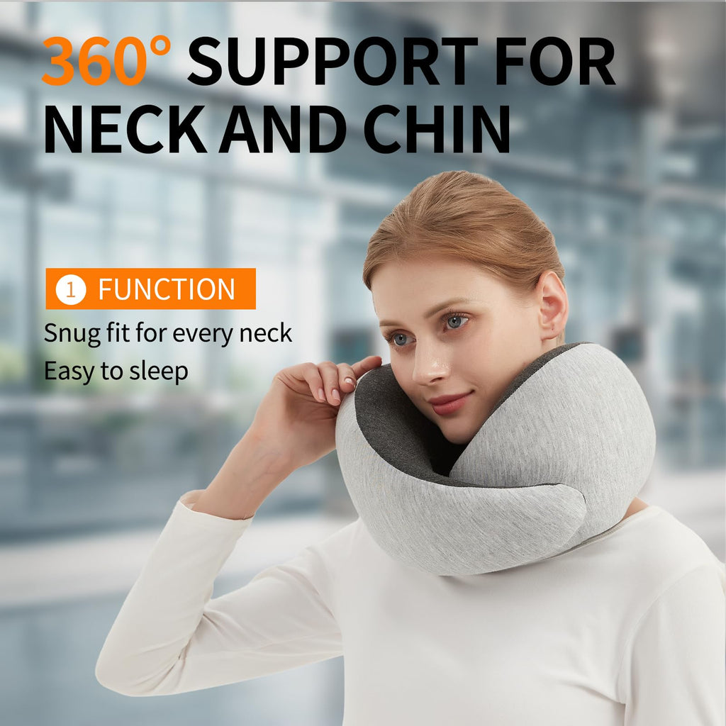 Ziixmile Travel Neck Pillow for Airplane – Memory Foam 360° Support Compact Design Ergonomic Flight Pillow for Sleeping & Neck Support Portable Travel Pillows for Adults, Car, Office Home (Grey)