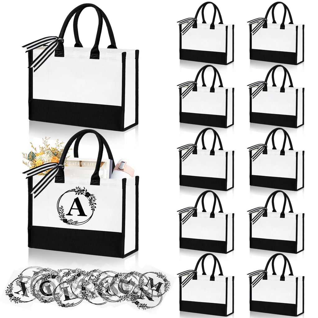 FODIENS 12 Pack Canvas Tote Bag for Women, Personalized Blank Beach Bag with 26PCS A-Z Initial Heat Transfer Letters Film, DIY Monogrammed Gift Tote Bags Bulk for Mom Teachers Friends Bridesmaids