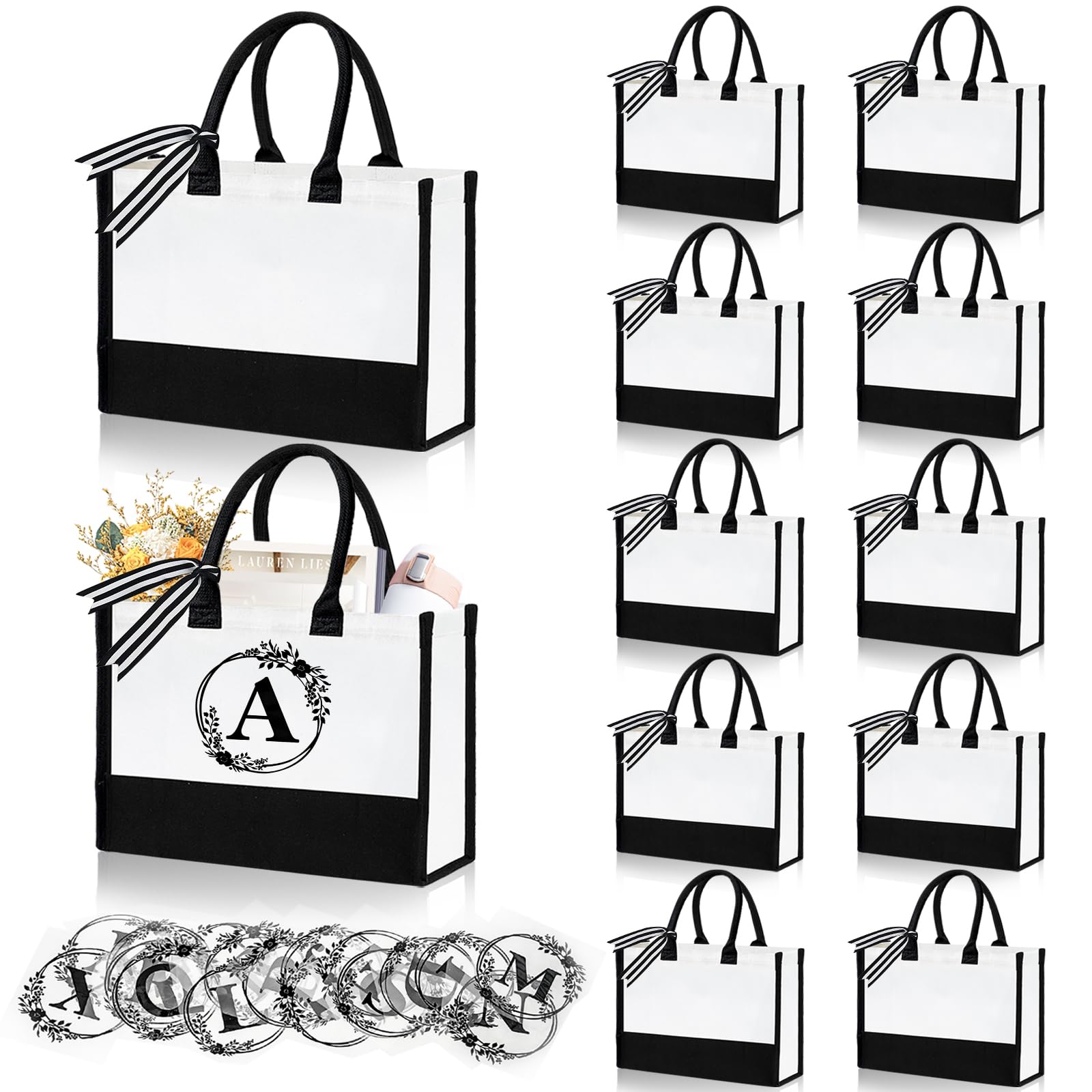 FODIENS 12 Pack Canvas Tote Bag for Women, Personalized Blank Beach Bag with 26PCS A-Z Initial Heat Transfer Letters Film, DIY Monogrammed Gift Tote Bags Bulk for Mom Teachers Friends Bridesmaids