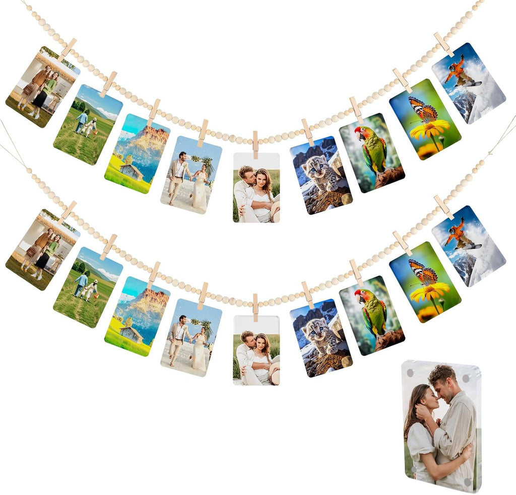 Skiennix 2 Pack Hanging Photo Display - Boho Wooden Bead Garland Wall Decor with 9 Clips for Home & Office