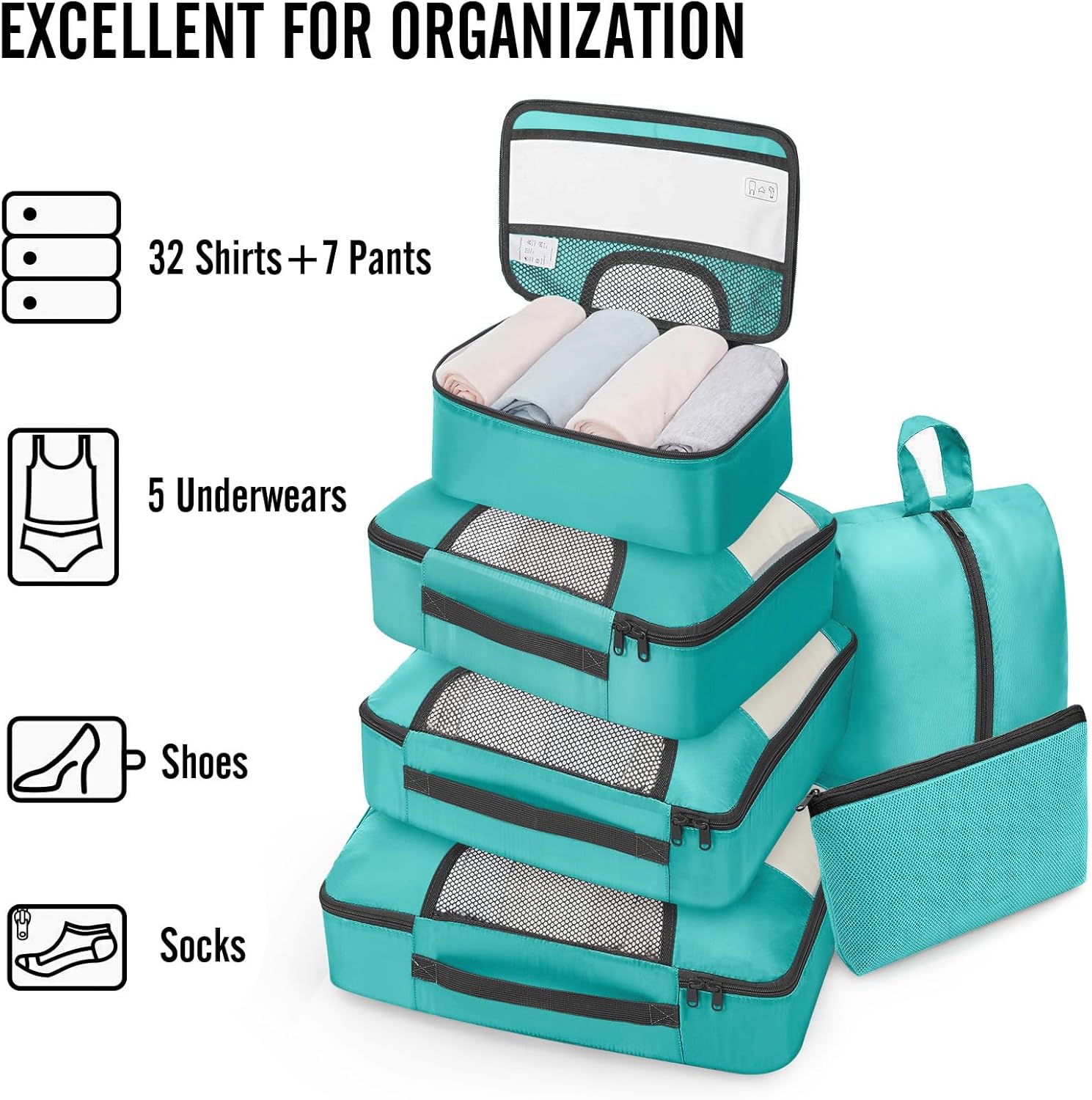 Veken Packing Cubes - 8-Piece Travel Organizer Set with Laundry Bag & Passport Holder | 4 Sizes for Easy Packing