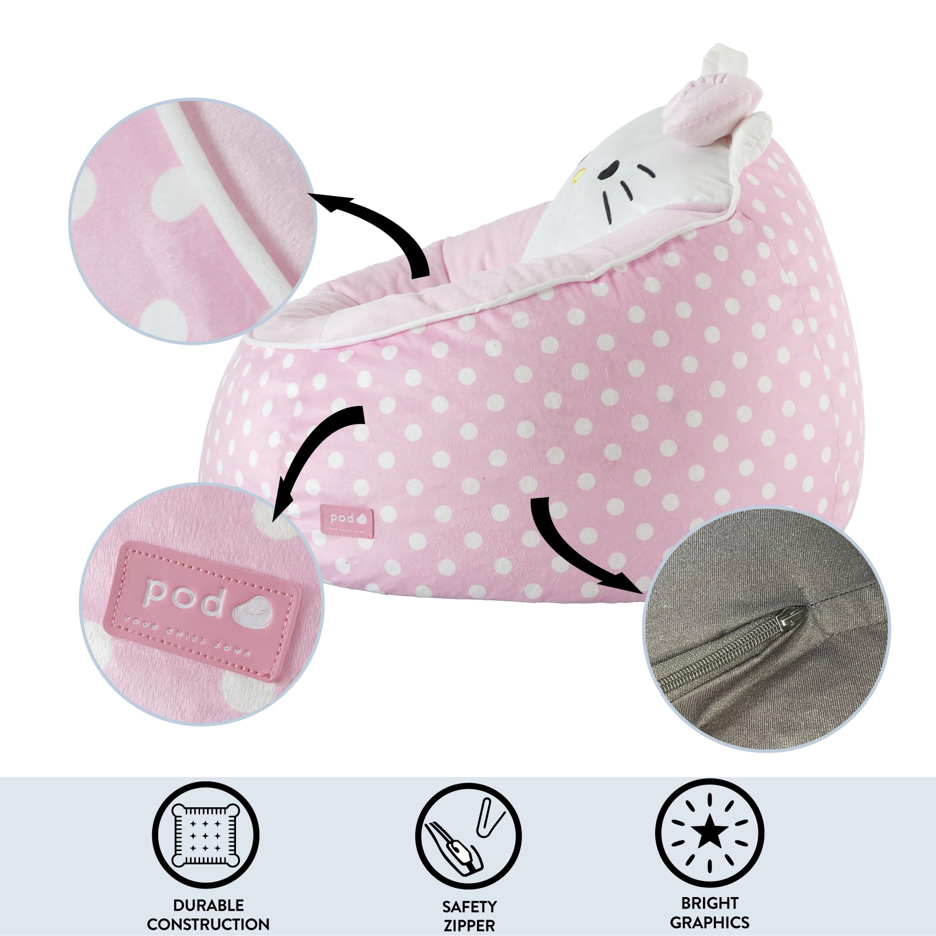 Sanrio Hello Kitty Bean Bag Chair for Kids,Figural Hillside Design by pod, Soft & Durable Fabric, 24x24x17, Comfy Seat for Bedrooms & Playrooms