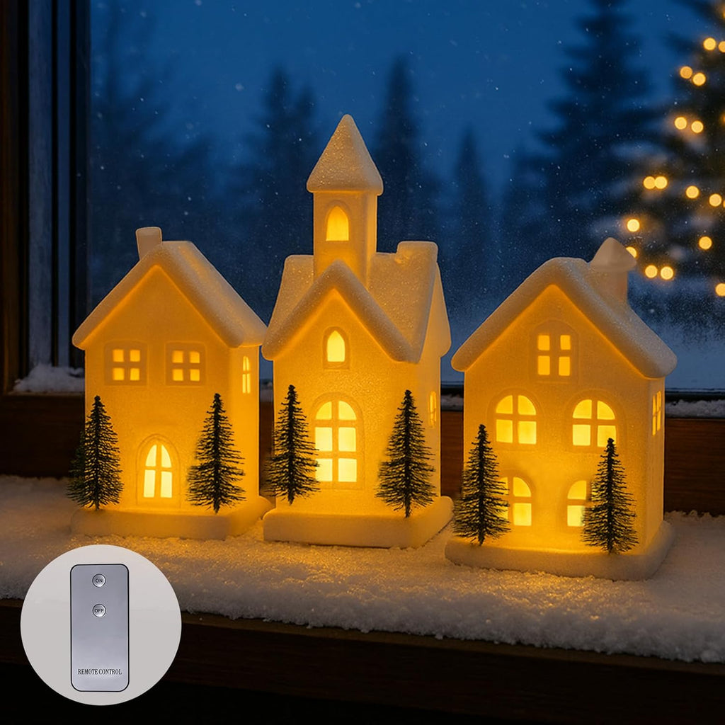 Regine Switzerland Indoor Christmas Village Set - 3 Lighted Ceramic Houses with Trees | Rustic White Holiday Decor