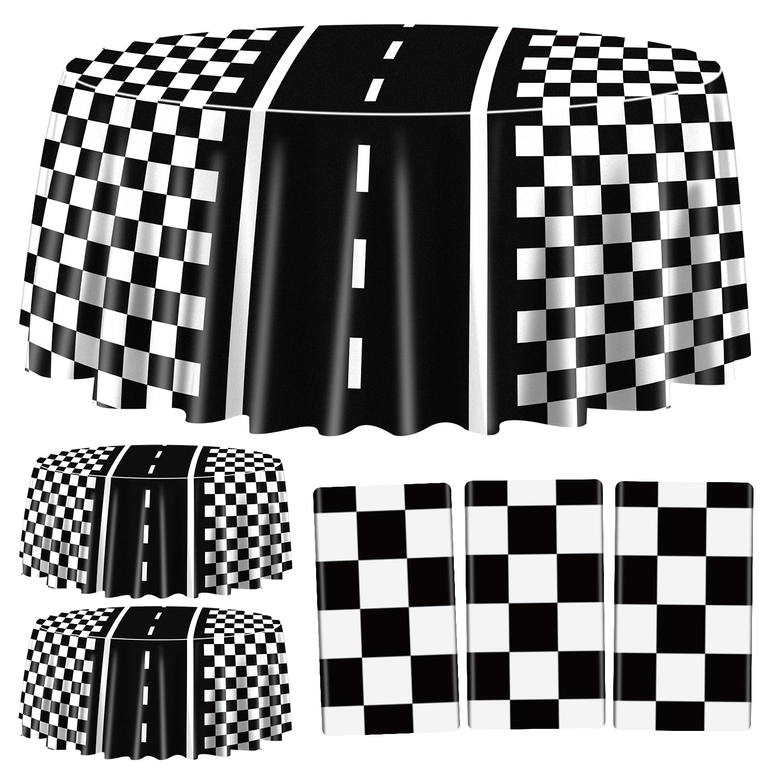 PIXHOTUL Racing Car Tablecloths for Round Table, Plastic Black Racetrack Tablecover for Kid's Birthday Racing Car Theme Party Fast One Two Fast Party, 84 x 84in
