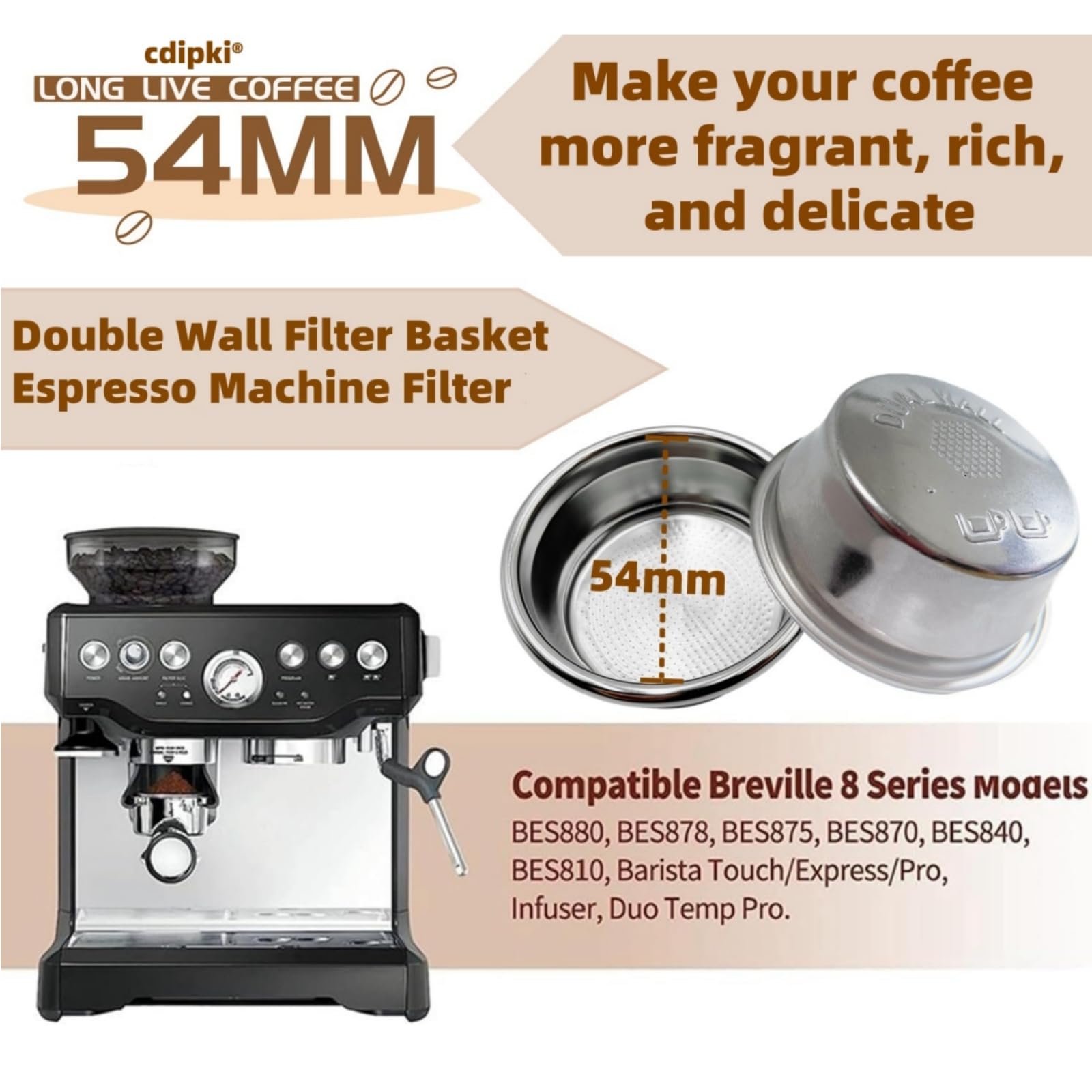 BES860XL Double Cup Dual Wall coffee Filter Basket compatible with Breville BES870/875/880/878/890/500/BES860XL Coffee Machine Pressurized Filter Basket basket Fits various Breville models