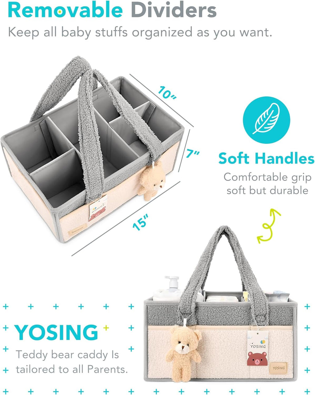 YOSING Diaper Caddy Organizer - Versatile Nursery Storage & Car Travel Solution | Gray & White