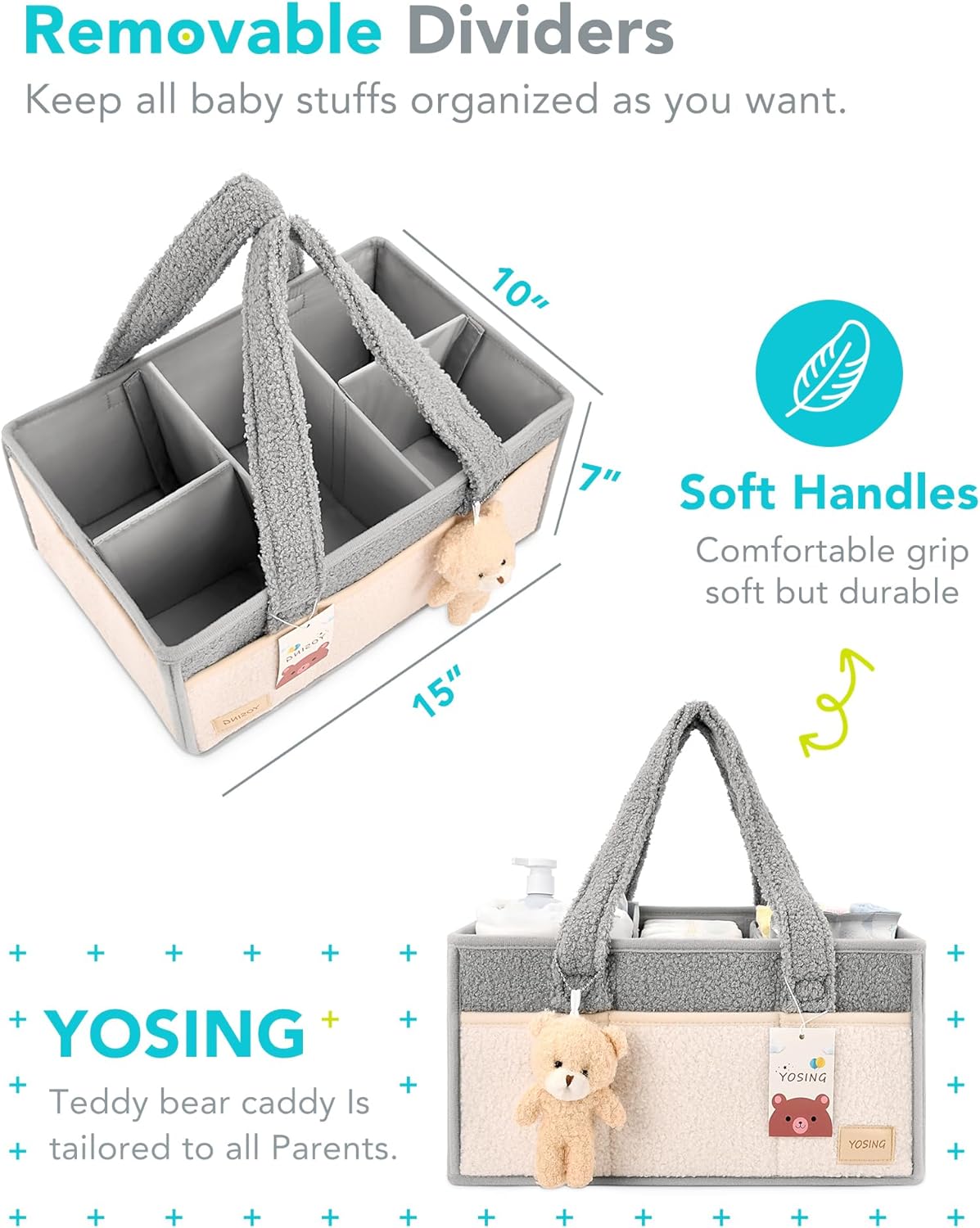 YOSING Diaper Caddy Organizer - Versatile Nursery Storage & Car Travel Solution | Gray & White