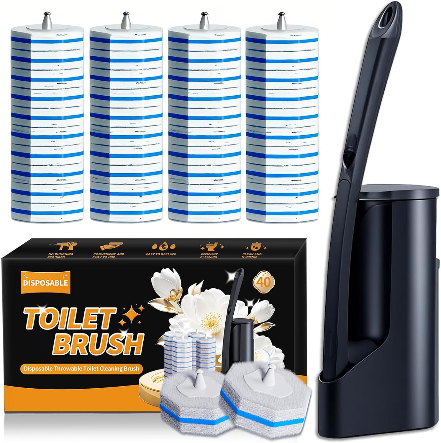 Skiennix Disposable Toilet Brush - Hygienic Toilet Bowl Cleaner with Holder & 40 Refills for Easy Maintenance