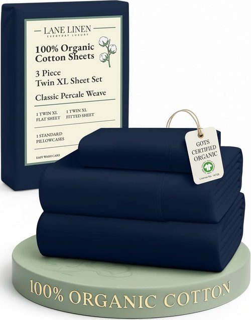 Lane Linen 100% Organic Cotton Mercerized Twin XL Sheet Set - Luxury Hotel Quality, Navy Color