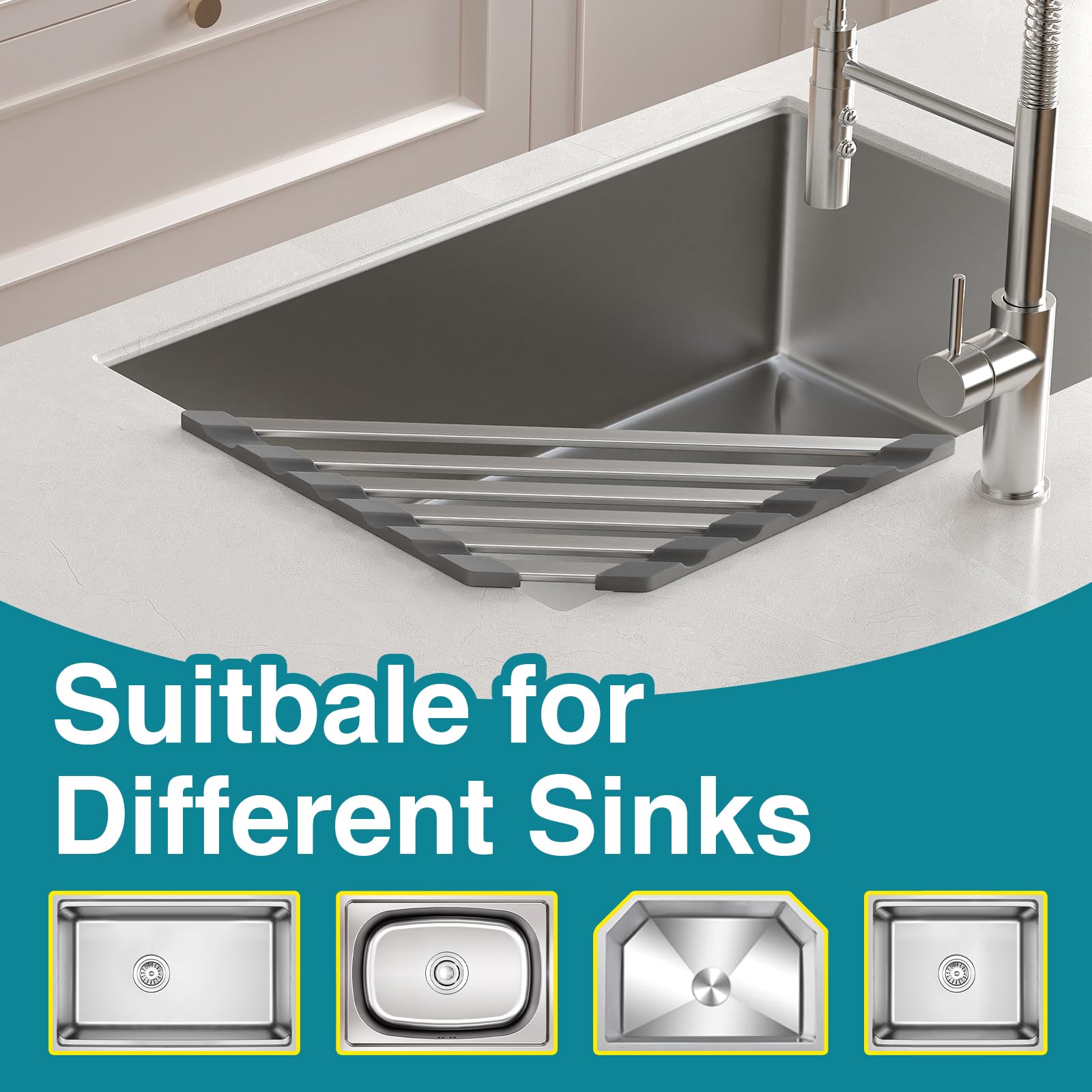 COOL-ANGLE Corner Sink Drying Rack, 16"x9.5" Rust-Proof Aluminum Triangular Dish Drainer, Heat Resistant Roll Up Mat for Kitchen Counter, Sponge Holder & Organizer with Non-Slip Silicone Base, Gray