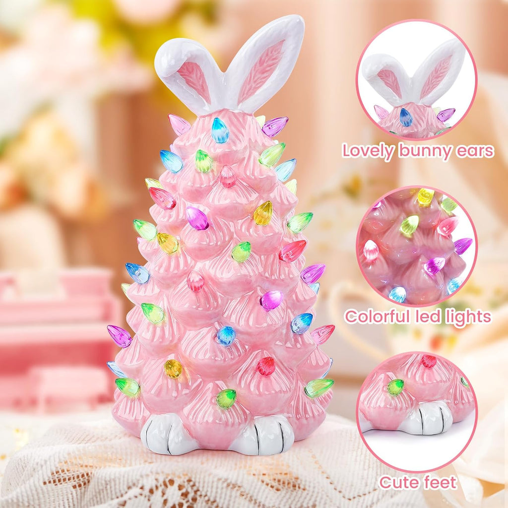 Skiennix Easter Bunny Decor - Glowing Ceramic Tree Night Light for Kids | Cute Indoor Tabletop Decoration (Pink)