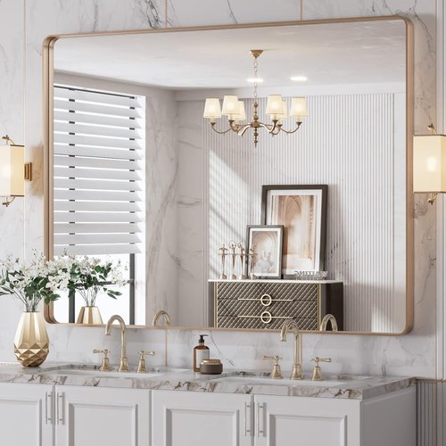 LOAAO Gold Bathroom Mirror - 48”X36” Rounded Rectangle Design | Wall-Mounted, Anti-Rust Tempered Glass