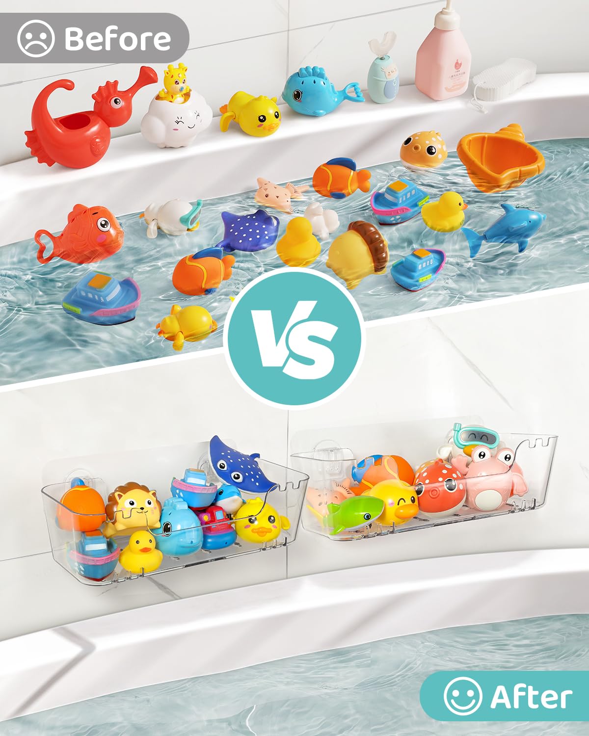 Bath Toy Storage Organizer 2 Pack, Transparent Bath Toy Holder with Drain Holes, Durable Plastic Bathtub Toy Storage for Bathroom, Quick-Dry Drainable Shower Caddy, Easy to Clean and Install