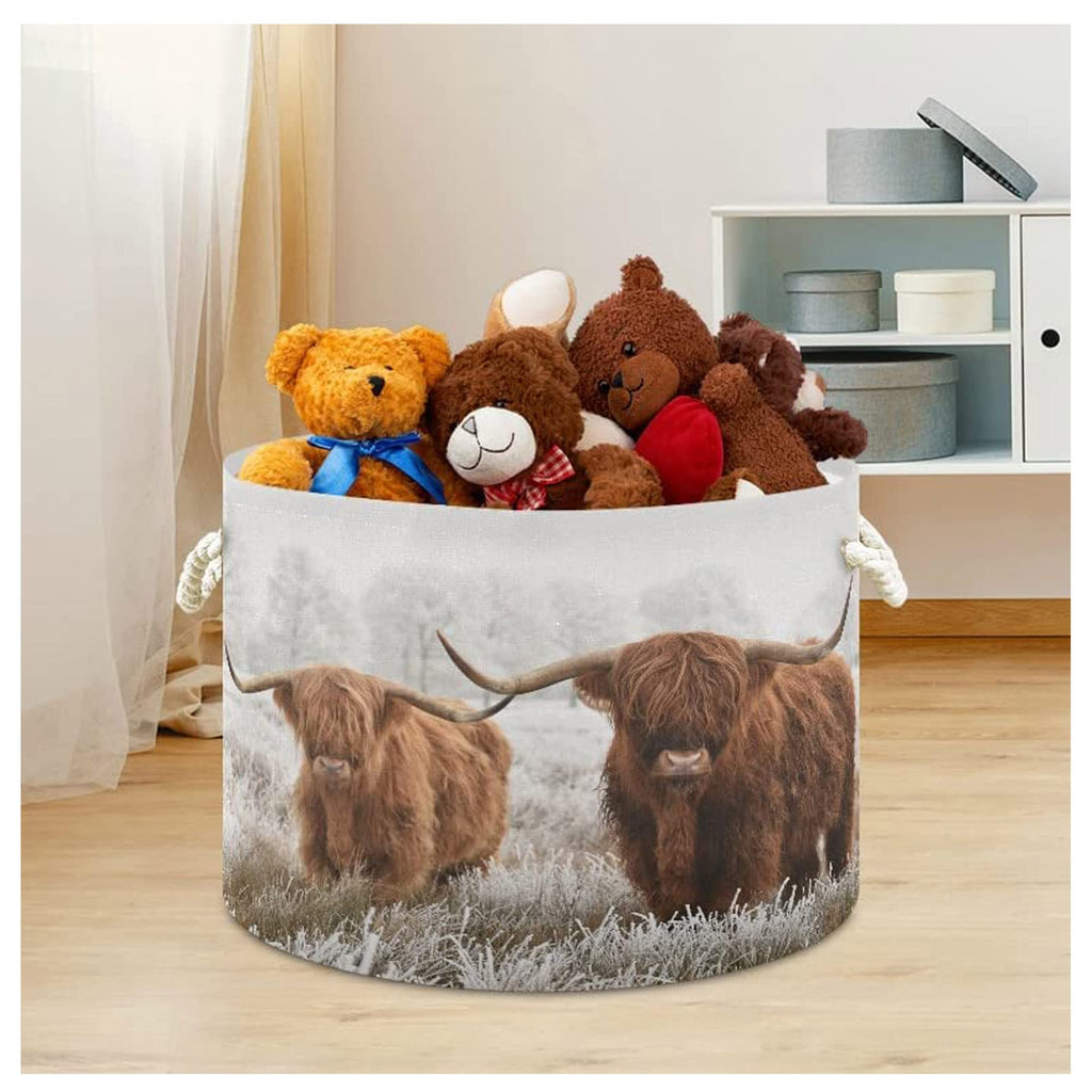 PAYOHTO Scottish Highland Cow Laundry Hamper Basket with Handles,Cotton Rope Woven Storage Bin for Clothes,Nursery Hamper,Toy Box,Clothe Socks Blanket Storage Organizer,Large Capacity 20Dx13.9H Inches