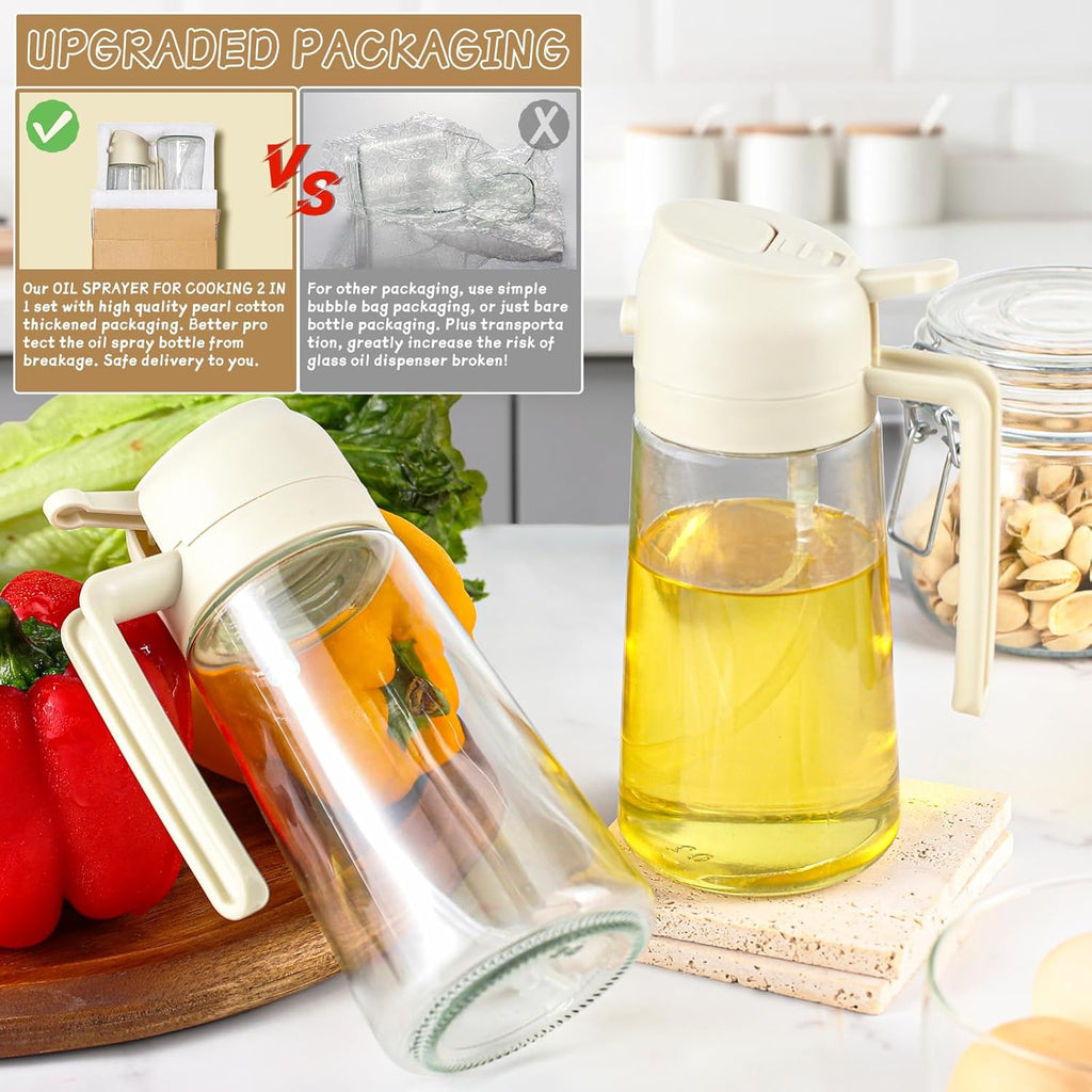 Skiennix Oil Sprayer | 2-in-1 Glass Oil Dispenser & Sprayer - 16oz for Cooking, Grilling & Salads (White)