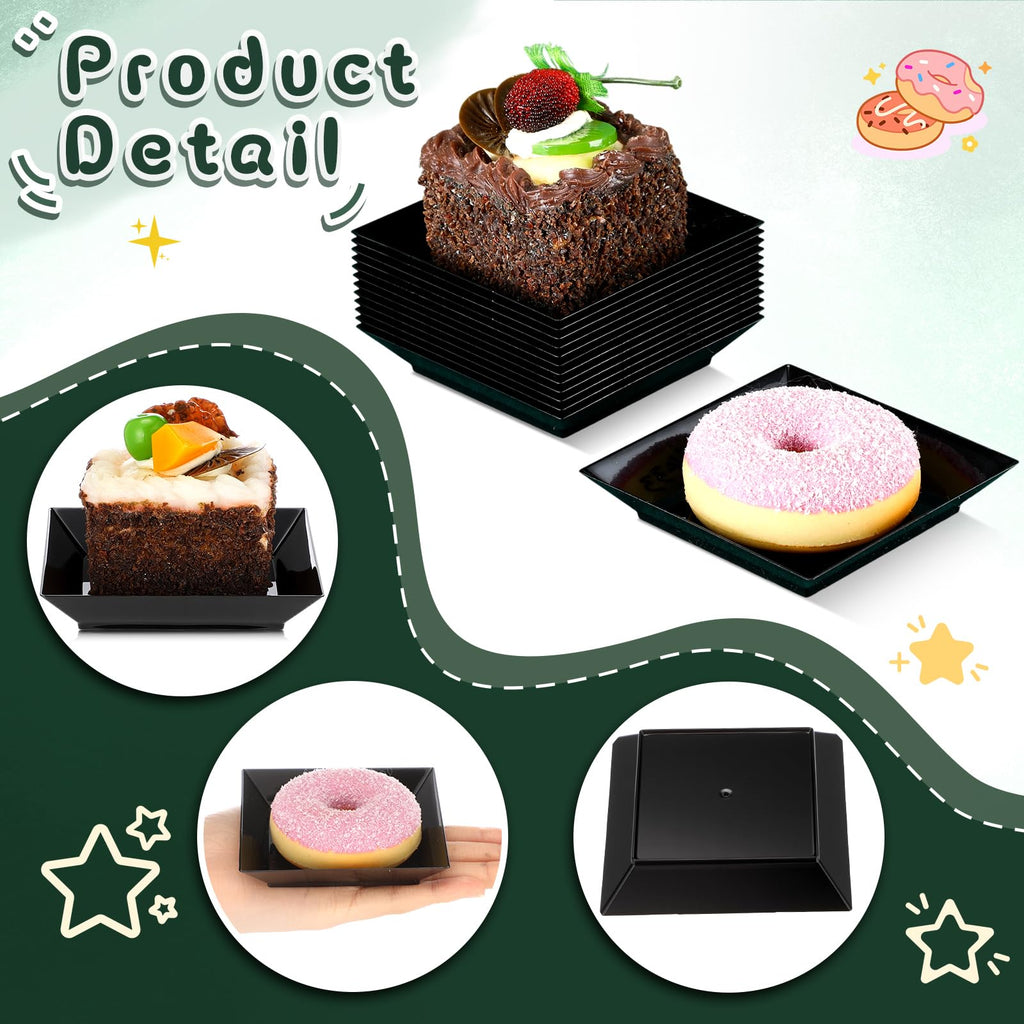 Zhehao 100 Pcs Plastic Dessert Appetizer Plates Disposable, 3.6 x 3.6 Inch Small Square Plastic Dessert Cake Snack Plate for Wedding Birthday Bridal Baby Shower All Occasion Party (Black)
