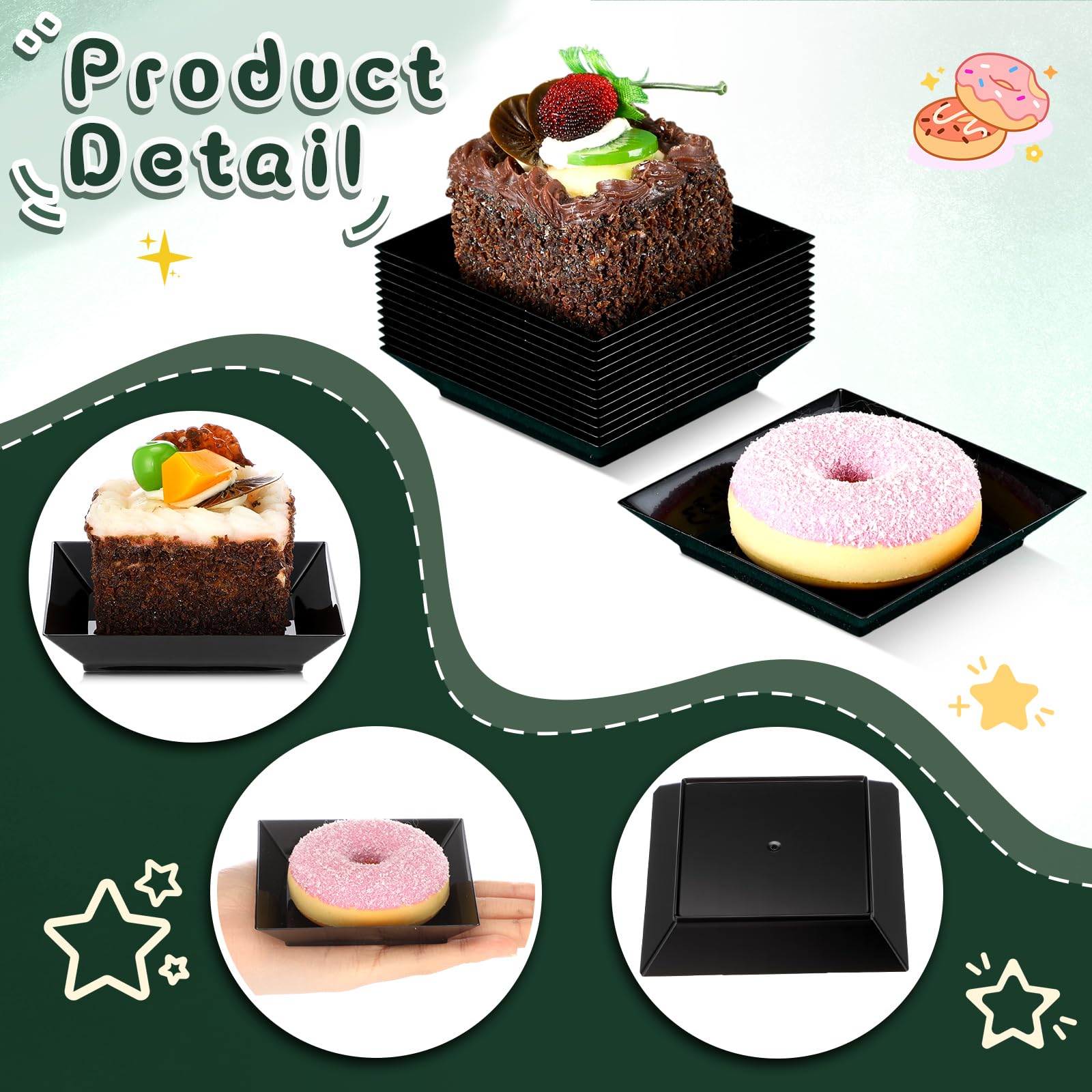 Zhehao 100 Pcs Plastic Dessert Appetizer Plates Disposable, 3.6 x 3.6 Inch Small Square Plastic Dessert Cake Snack Plate for Wedding Birthday Bridal Baby Shower All Occasion Party (Black)