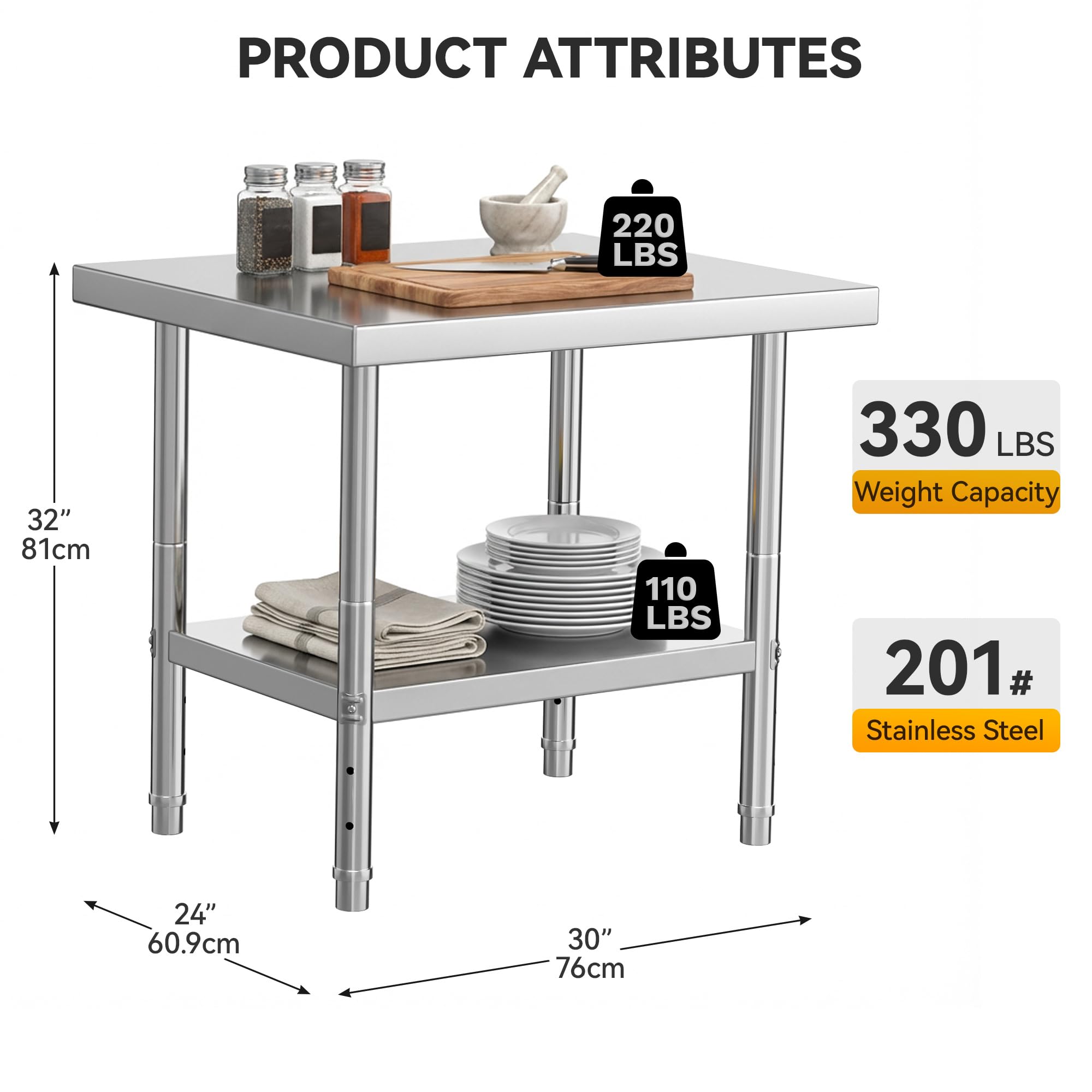 DWVO 30x24in Stainless Steel Table, NSF Metal Prep Worktable with Adjustable Shelf for Kitchen Restaurant Hotel Garage Warehouse Home