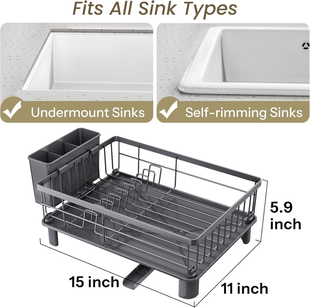 SNTD Dish Drying Rack - Stainless Steel Kitchen Counter Drainer with Utensil Holder | 11" W x 15" L (Grey)