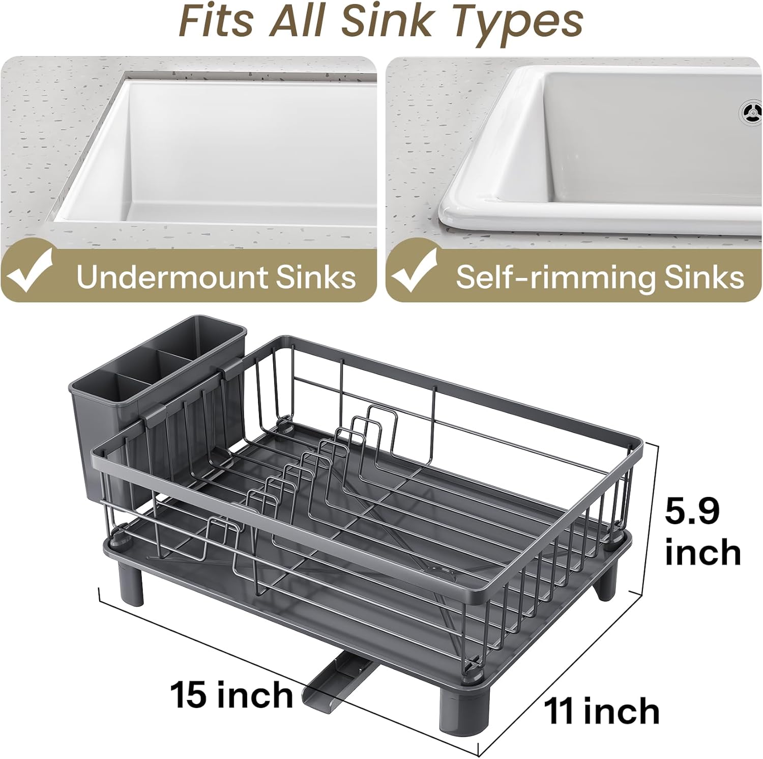 SNTD Dish Drying Rack - Stainless Steel Kitchen Counter Drainer with Utensil Holder | 11" W x 15" L (Grey)