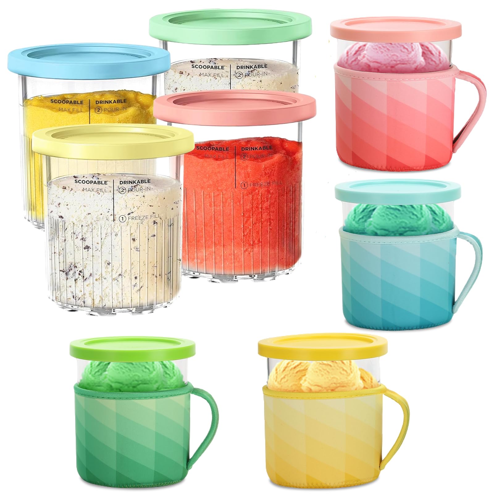 OVRRCSME For creami deluxe pints 4Pack，Compatible with Creami NC501 NC500 Series 24oz Ice Cream Maker Containers -Containers not Included (24oz 4 Cups+4 Sleeve)
