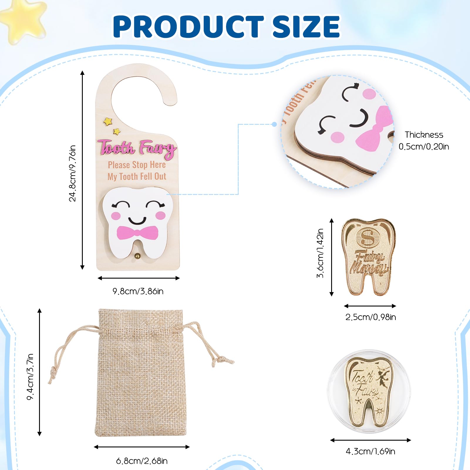 Lummitwit Tooth Fairy Door Hanging Tooth Fairy Storage Bag One Tooth Fairy Coin Keepsake Wooden Tooth Holder with Money Slot to Commemorate Your Child's First Lost Tooth, Tooth Fairy Gift (Pink)