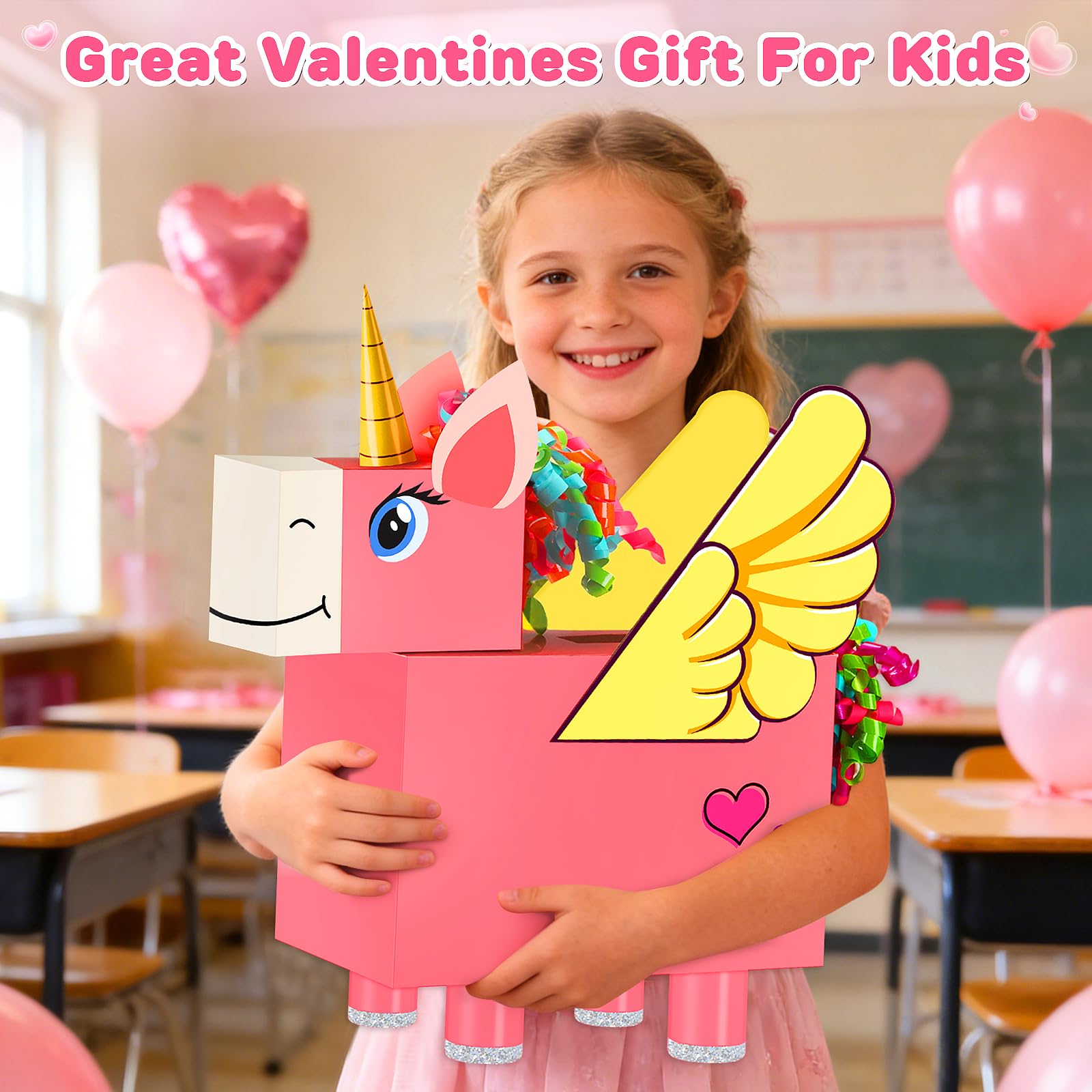 Bstoyder Unicorn Valentines Day Box and Cards for Kids School, Valentines Day Cards Gifts for Kids Classroom Exchange, School Party Favors (1 Unique Pink Box, 32 Valentine Cards, 1 Teacher Card)