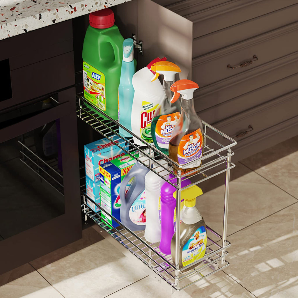 LOVMOR Pull Out Cabinet Organizer and Storage (5" W x 21" D) 2-Tier Pull Out Shelf Storage for Kitchen Base Cabinet Silver(5" W x 21" D, Silver, Roll on Top)